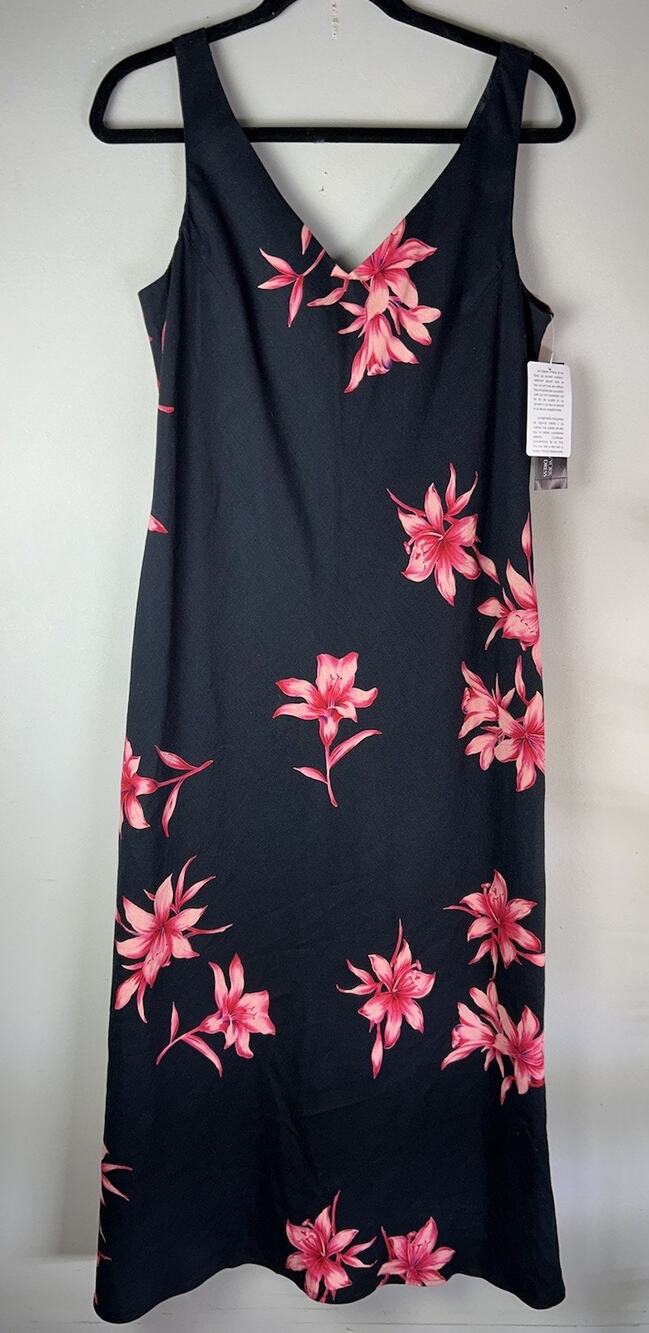 VTG Jones New York Dress Linen Black Pink Floral Romantic 90's Y2K Sz 14 Midi